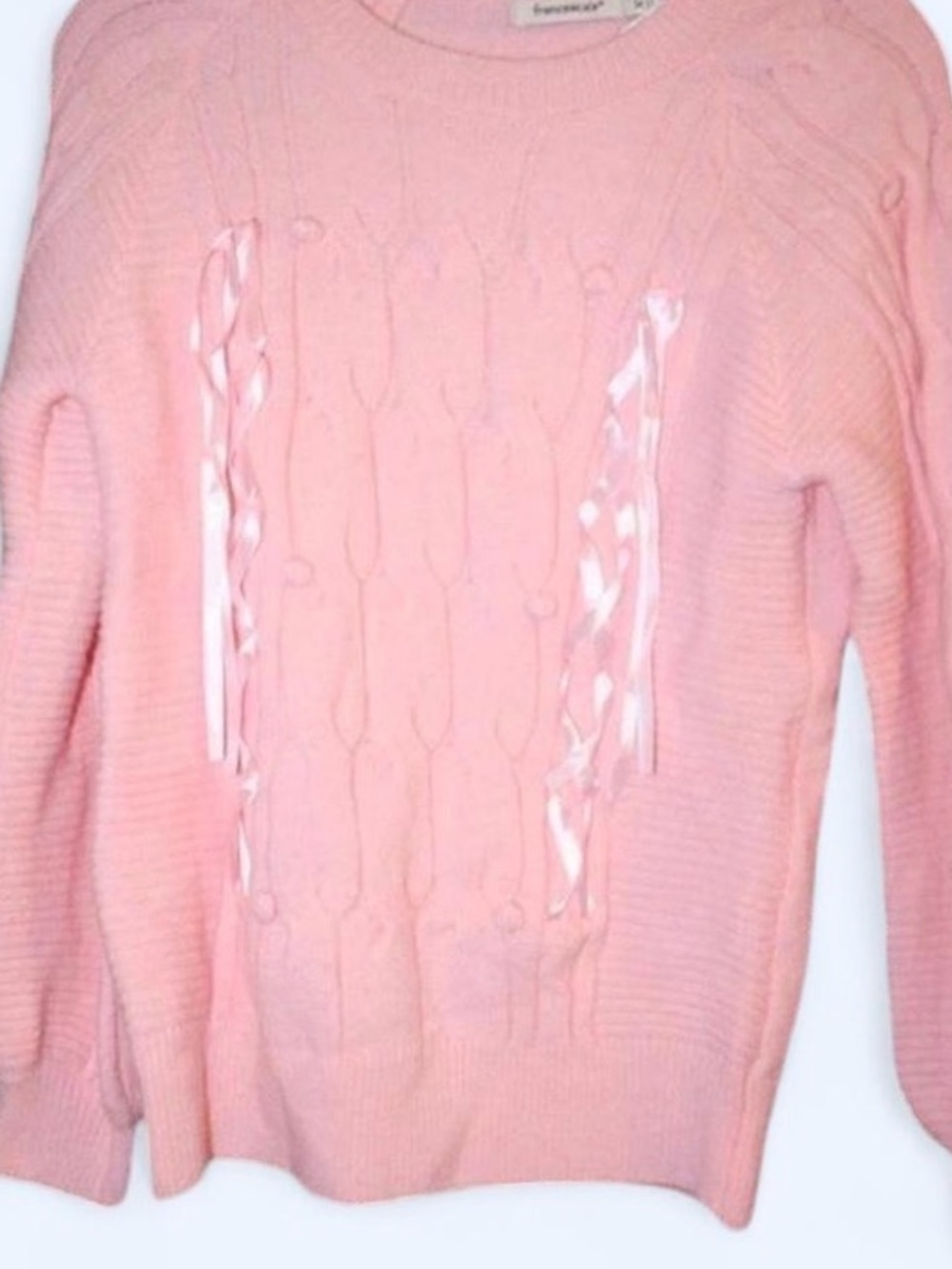 Francesca's Collections Baby Pink Ribbon-Accent Cable Knit Sweater
